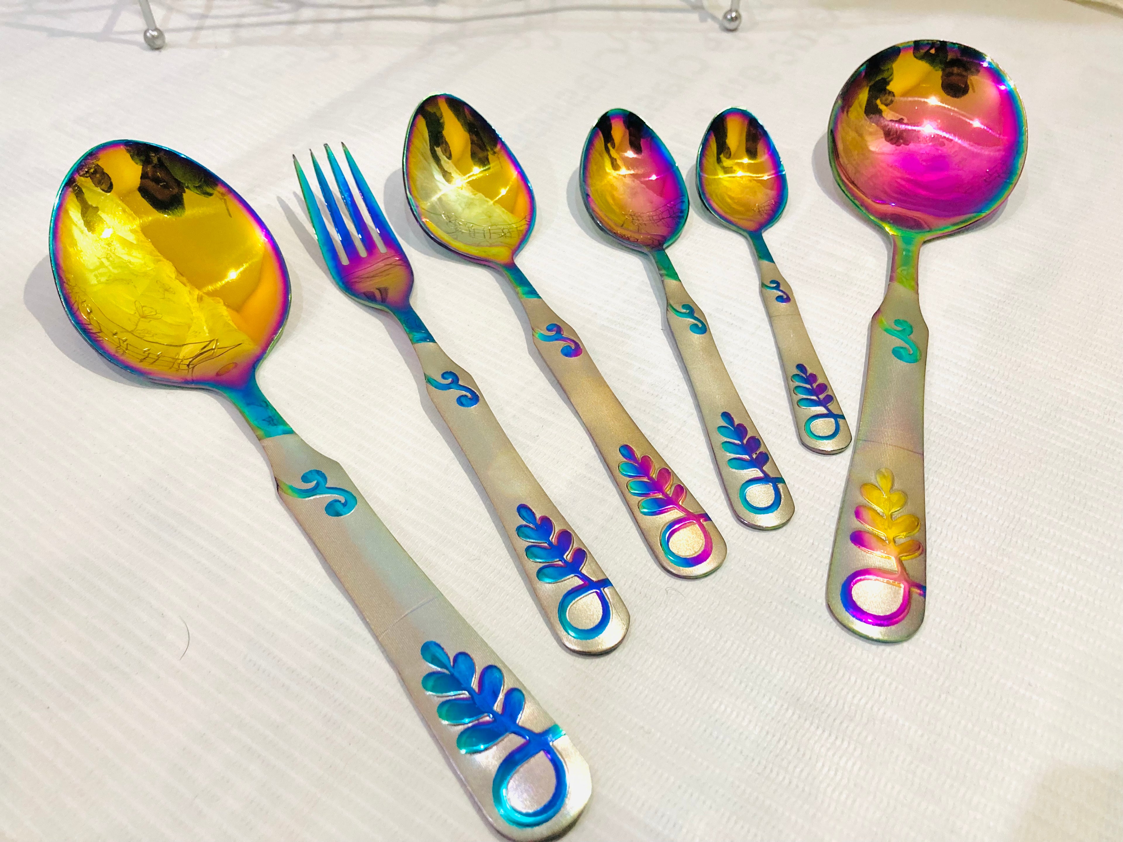 29-Piece Rainbow Stainless Steel Cutlery Set with Stand | Luxury Multicolor Flatware Set | Mirror Finish Kitchen Utensils | Spoon Fork Knife Set | Housewarming Gift
