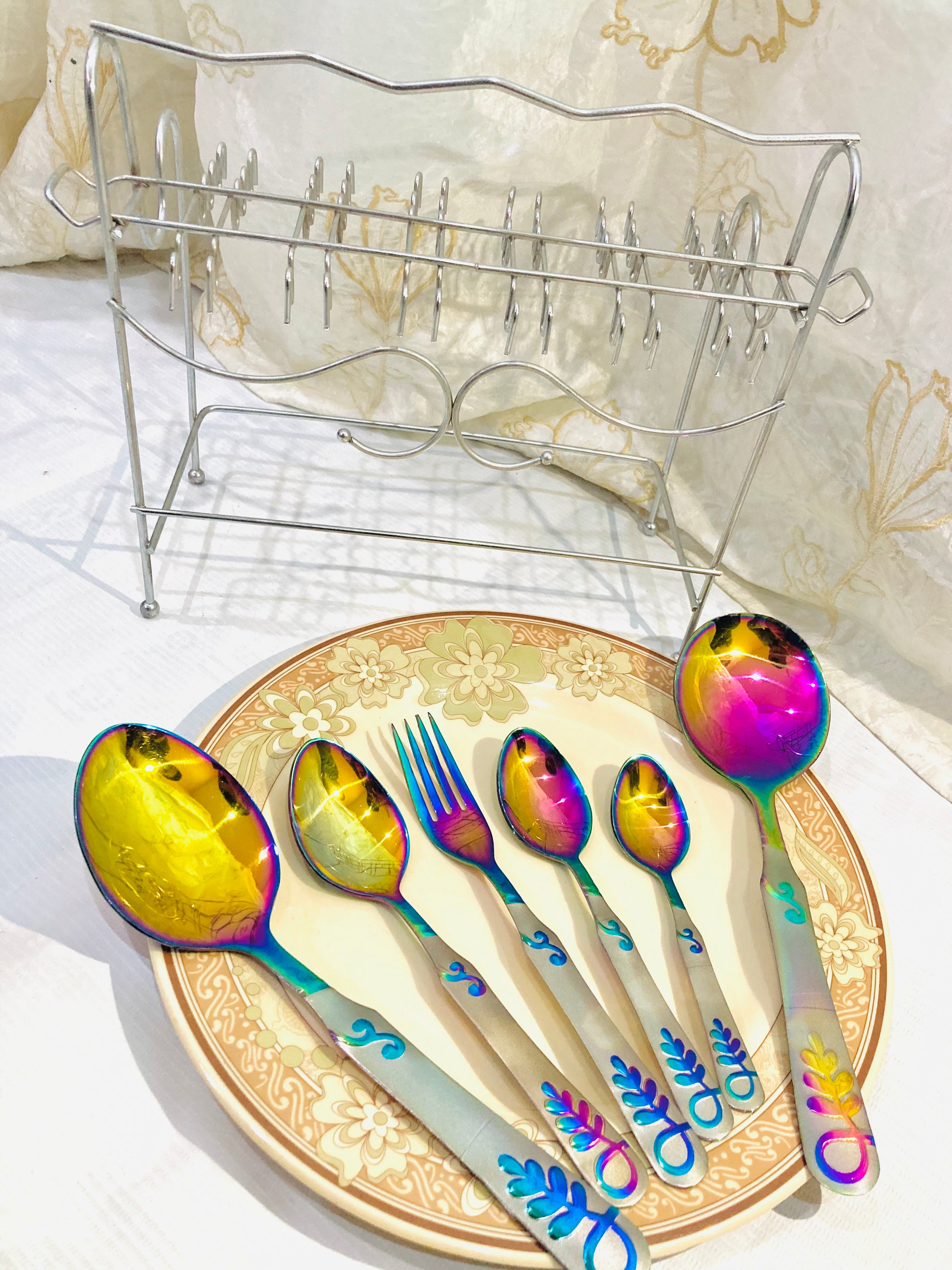 29-Piece Rainbow Stainless Steel Cutlery Set with Stand | Luxury Multicolor Flatware Set | Mirror Finish Kitchen Utensils | Spoon Fork Knife Set | Housewarming Gift