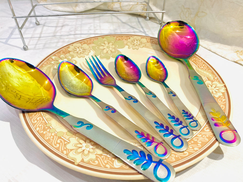 29-Piece Rainbow Stainless Steel Cutlery Set with Stand | Luxury Multicolor Flatware Set | Mirror Finish Kitchen Utensils | Spoon Fork Knife Set | Housewarming Gift