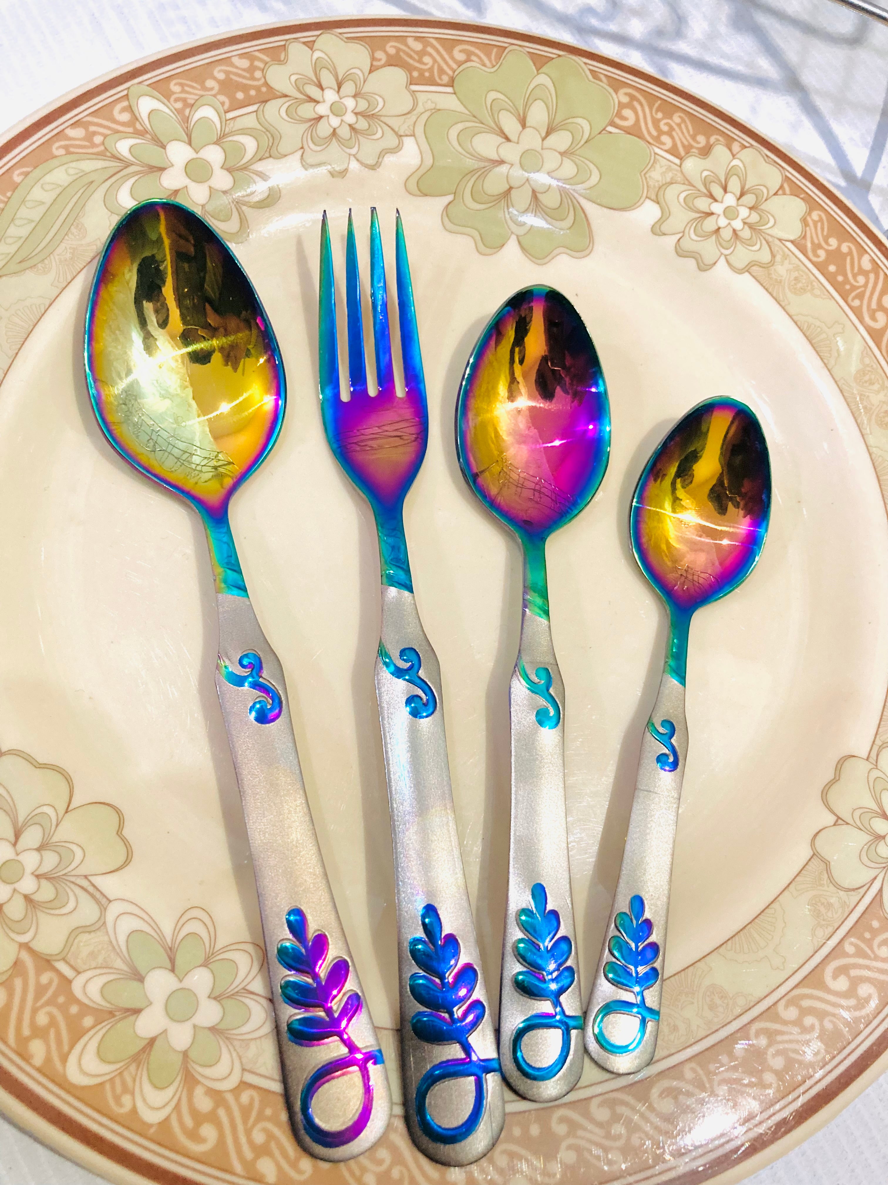 29-Piece Rainbow Stainless Steel Cutlery Set with Stand | Luxury Multicolor Flatware Set | Mirror Finish Kitchen Utensils | Spoon Fork Knife Set | Housewarming Gift