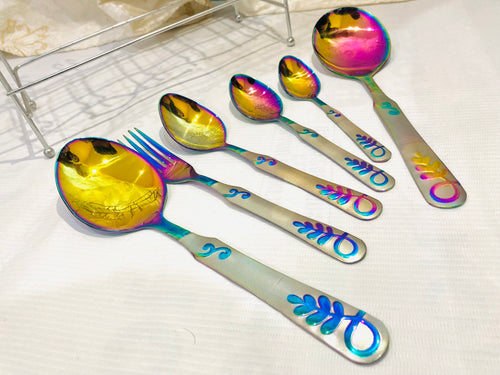 29-Piece Rainbow Stainless Steel Cutlery Set with Stand | Luxury Multicolor Flatware Set | Mirror Finish Kitchen Utensils | Spoon Fork Knife Set | Housewarming Gift