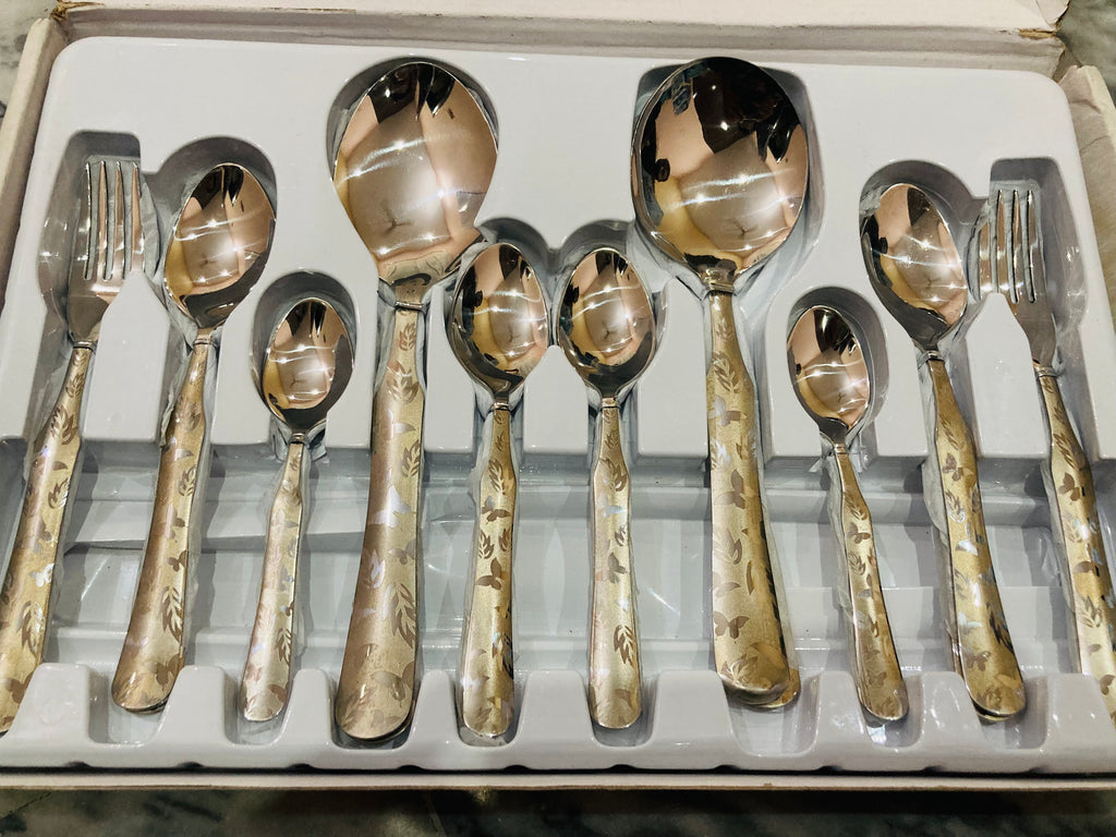 29-Piece Stainless Steel Cutlery Set | Luxury Silver Flatware Set with White Floral Handles | Spoons, Forks & Serving Utensils