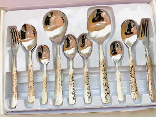 29-Piece Stainless Steel Cutlery Set | Luxury Silver Flatware Set with White Floral Handles | Spoons, Forks & Serving Utensils