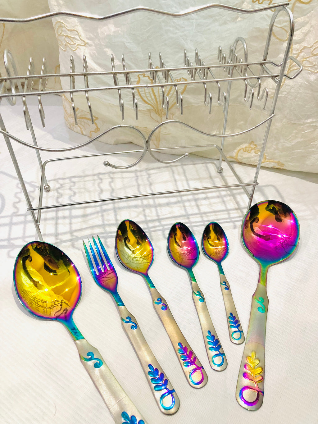 29-Piece Rainbow Stainless Steel Cutlery Set with Stand | Luxury Multicolor Flatware Set | Mirror Finish Kitchen Utensils | Spoon Fork Knife Set | Housewarming Gift