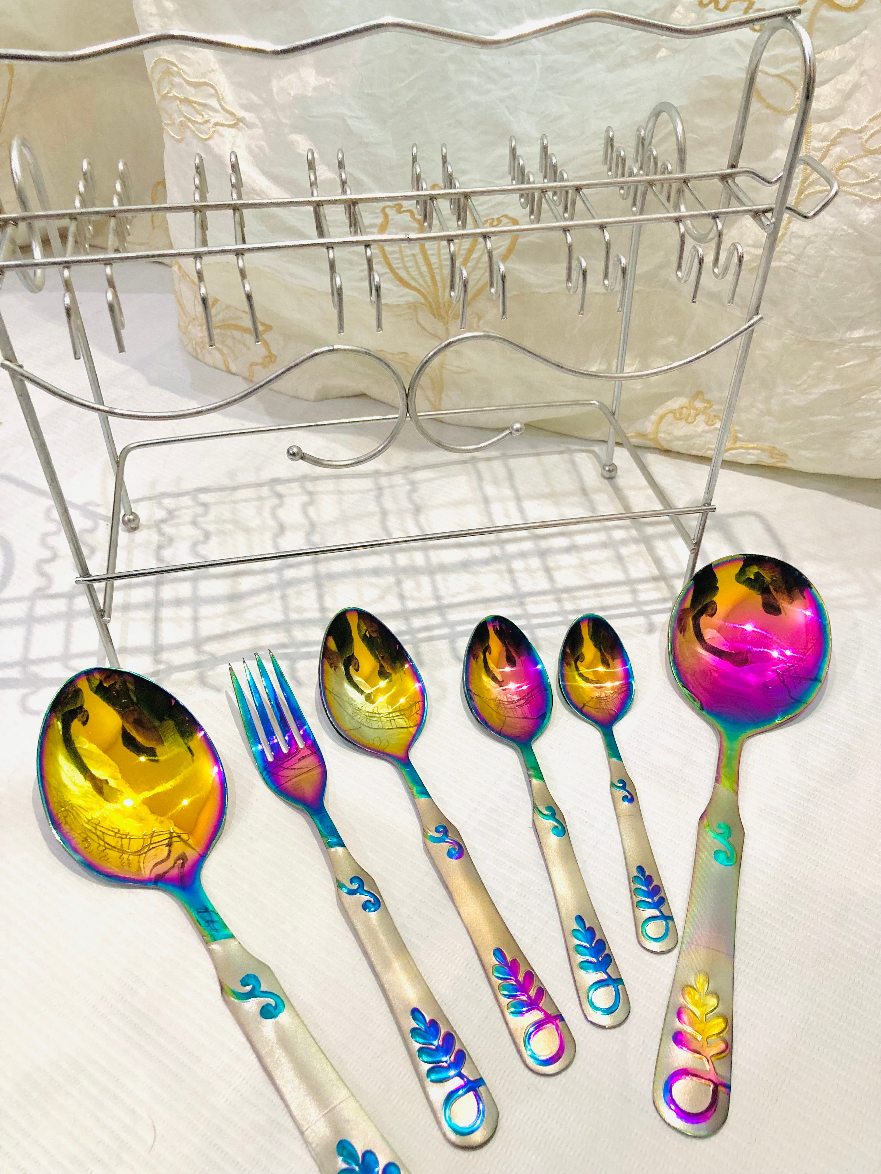 29-Piece Rainbow Stainless Steel Cutlery Set with Stand | Luxury Multicolor Flatware Set | Mirror Finish Kitchen Utensils | Spoon Fork Knife Set | Housewarming Gift