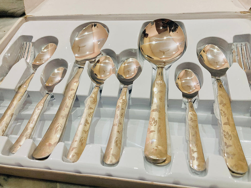 29-Piece Stainless Steel Cutlery Set | Luxury Silver Flatware Set with White Floral Handles | Spoons, Forks & Serving Utensils