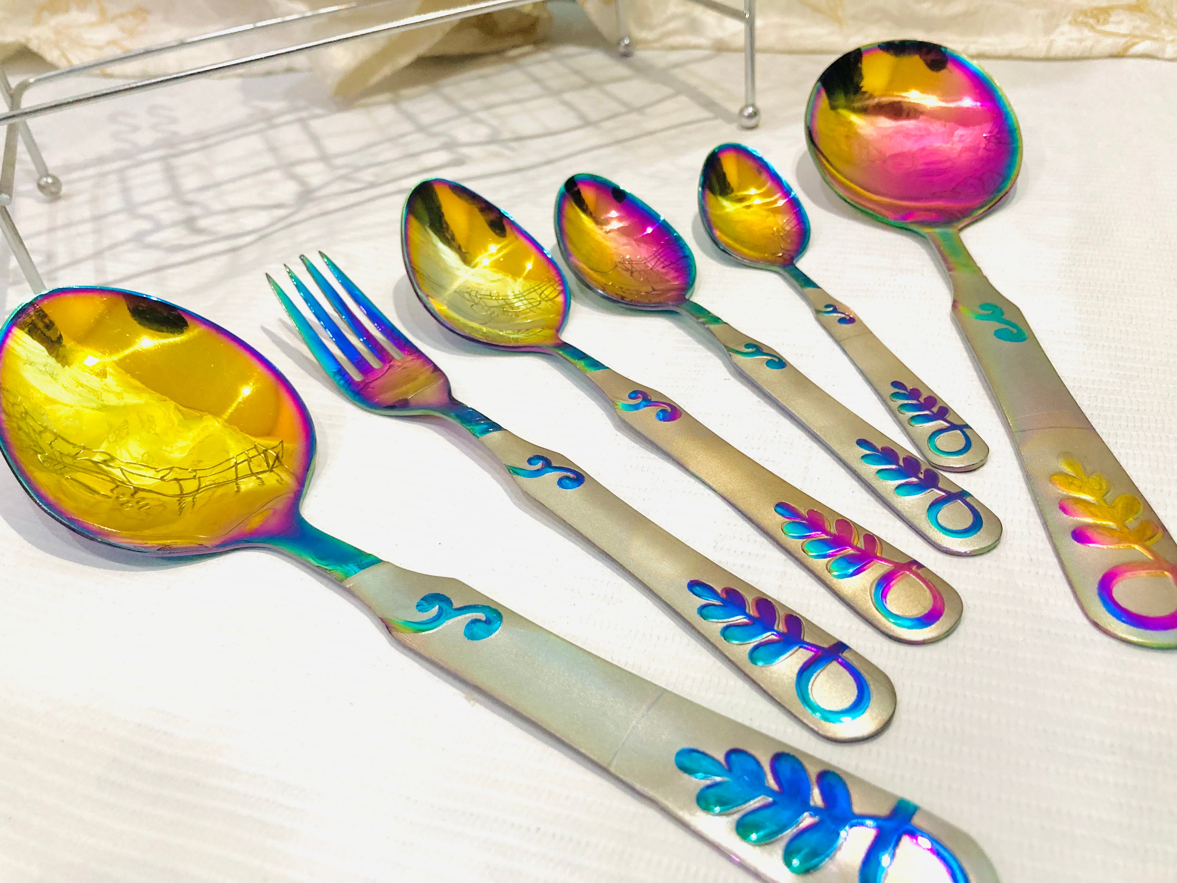 29-Piece Rainbow Stainless Steel Cutlery Set with Stand | Luxury Multicolor Flatware Set | Mirror Finish Kitchen Utensils | Spoon Fork Knife Set | Housewarming Gift