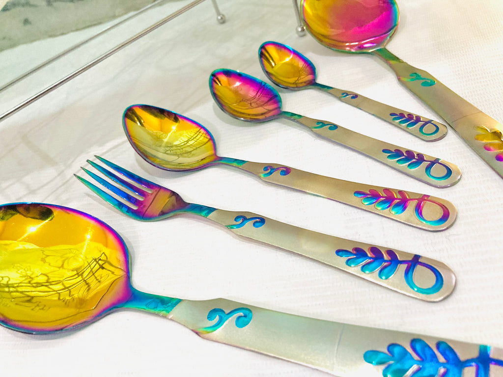 29-Piece Rainbow Stainless Steel Cutlery Set with Stand | Luxury Multicolor Flatware Set | Mirror Finish Kitchen Utensils | Spoon Fork Knife Set | Housewarming Gift