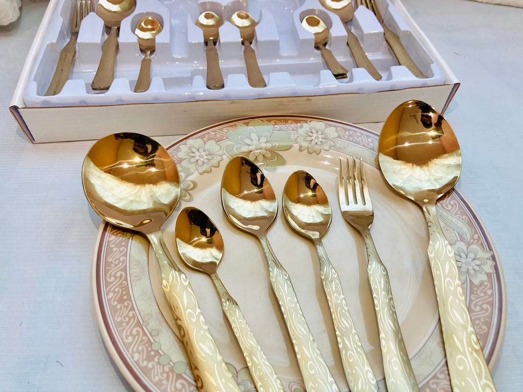 29-Piece Stainless Steel Cutlery Set – Gold Finish Flatware Set with White Floral Handles | Luxury Dinnerware | Spoons, Forks & Serving Utensils | Housewarming Gift