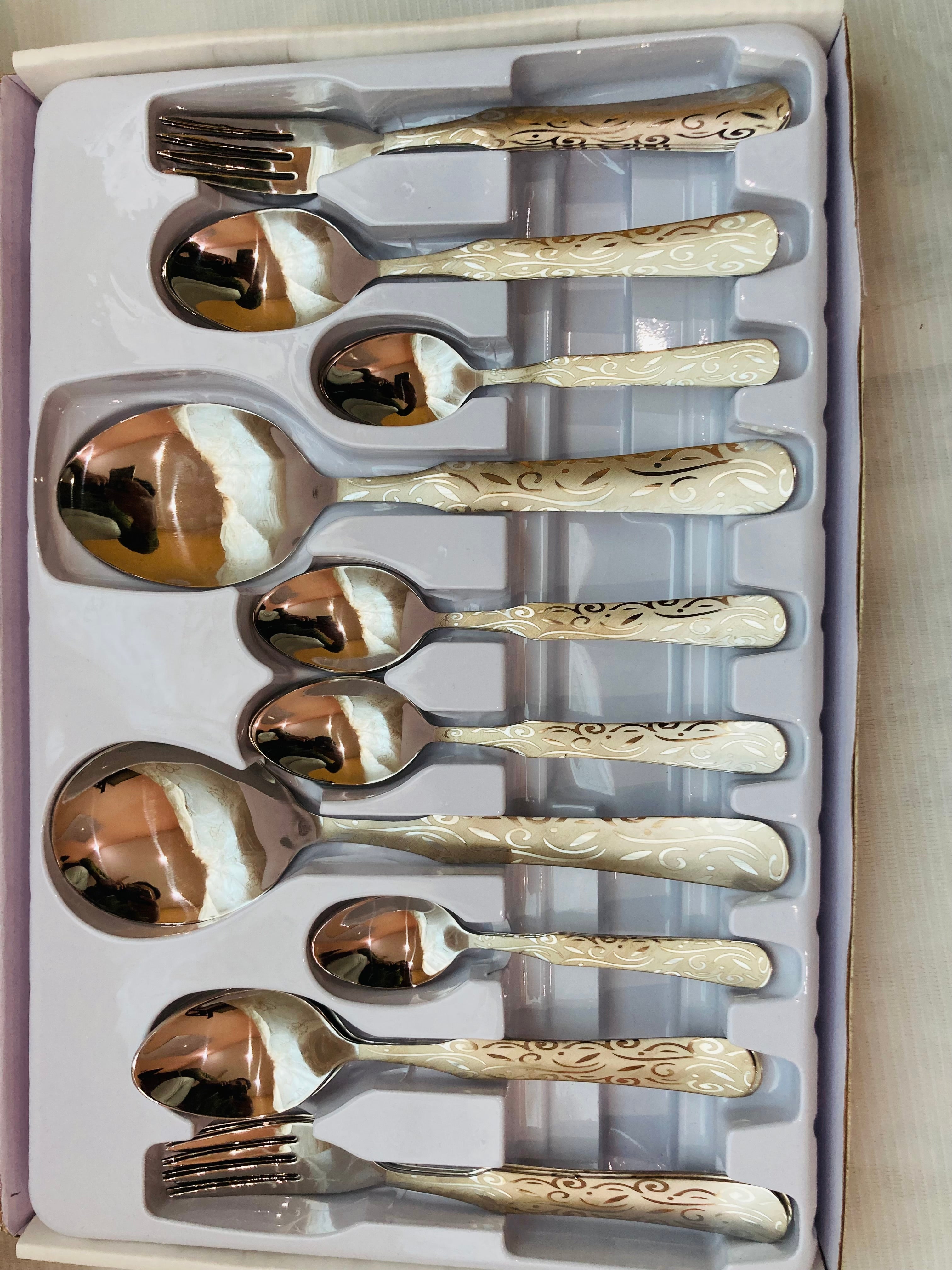 29-Piece Stainless Steel Cutlery Set | Luxury Silver Flatware Set with White Floral Handles | Spoons, Forks & Serving Utensils