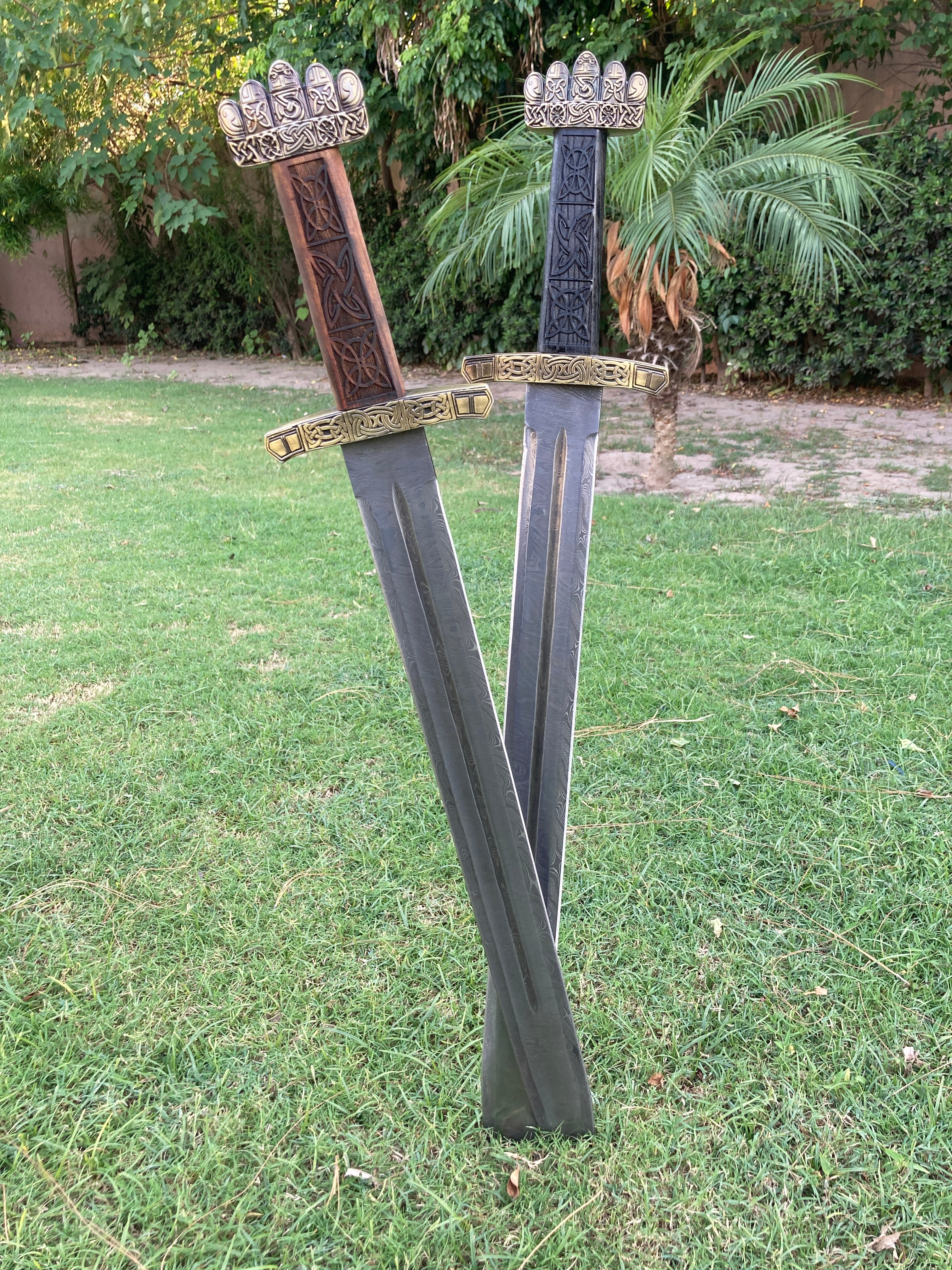 Handmade Damascus Viking Sword | Norse Warrior Sword with Celtic Engraved Handle | Medieval Fantasy Sword | Viking Gift for Men | Collector Display Sword