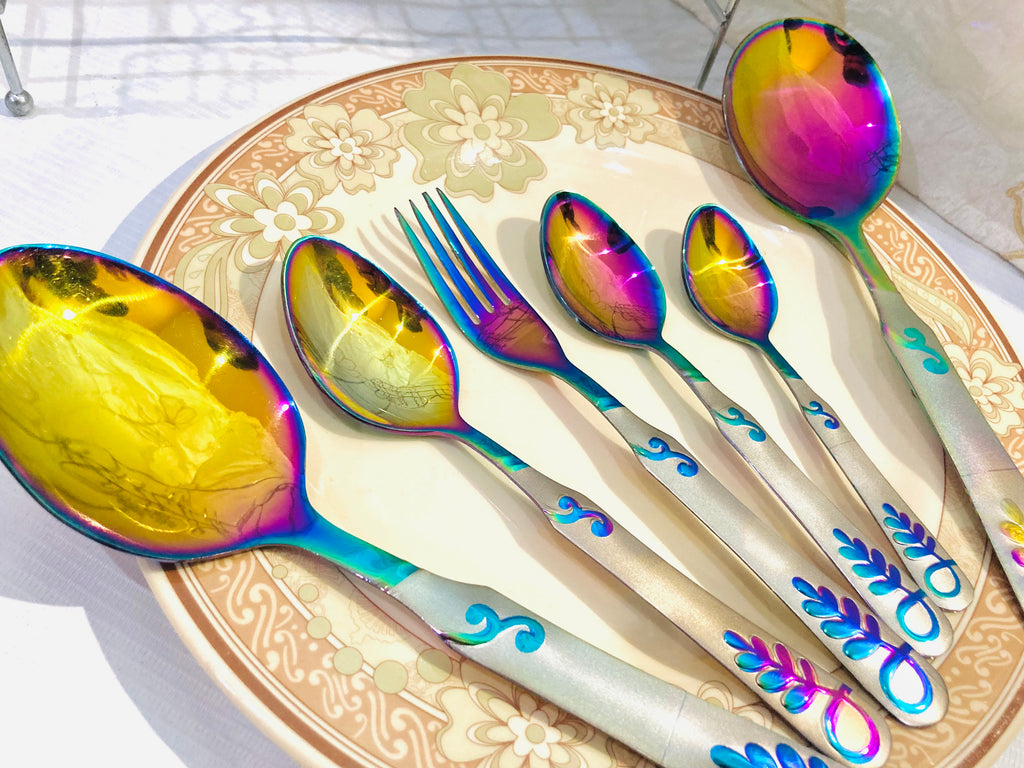29-Piece Rainbow Stainless Steel Cutlery Set with Stand | Luxury Multicolor Flatware Set | Mirror Finish Kitchen Utensils | Spoon Fork Knife Set | Housewarming Gift